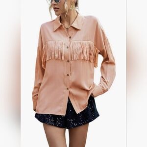 NWOT!Chic Fringe Western Pink Cowgirl Top Women's Long Sleeve Ranch Blouse Small